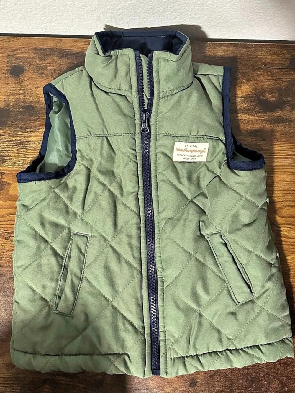 Weatherproof Boys 3T Quilted Puffer Vest Olive Green Navy Full Zip